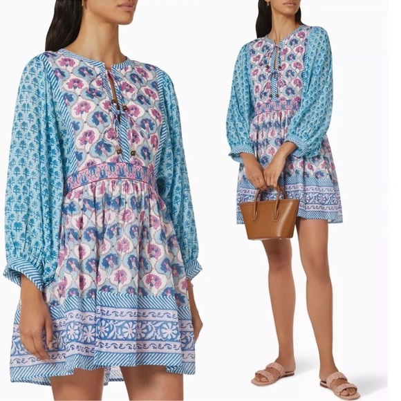 NWT Oliphant Tie Front Balloon Sleeve Dress in Iris Blue Floral, Small - Picture 5 of 7